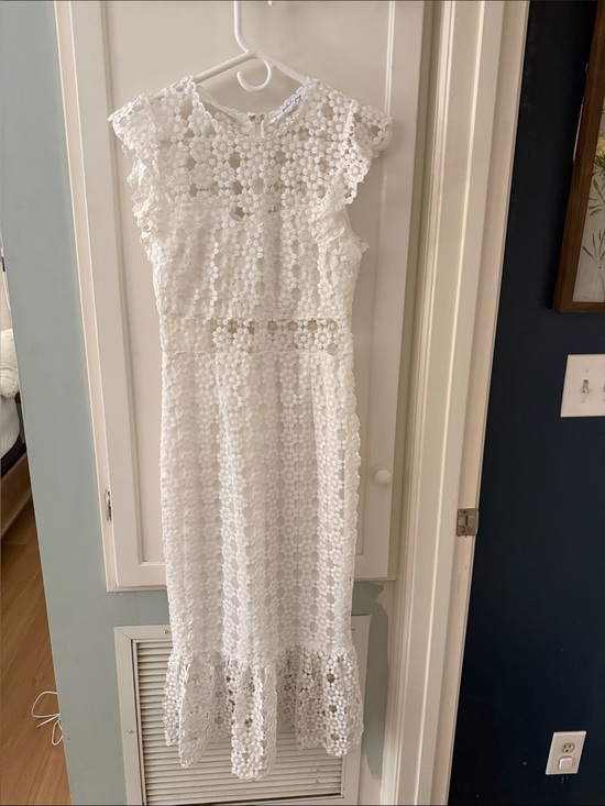Petal & Pup Dresses & Skirts - Petal & Pup White Floral Crochet Midi Dress with Ruffle Hem